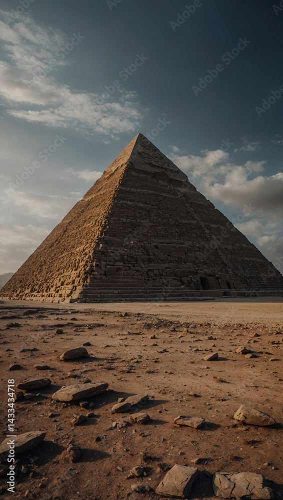 Mysterious pyramid against a stark landscape.