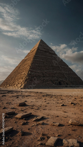 Mysterious pyramid against a stark landscape.
