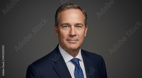 Portrait of a middle aged man with short brown hair wearing a suit and tie on a gray background