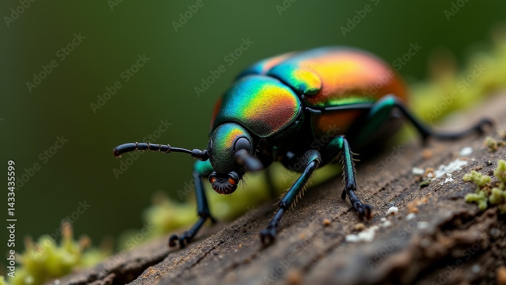 Naklejka premium Iridescent Jewel Beetle On Mossy Branch