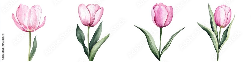 Obraz premium Four Watercolor Light Pink Tulips with Green Leaves Isolated on White Background