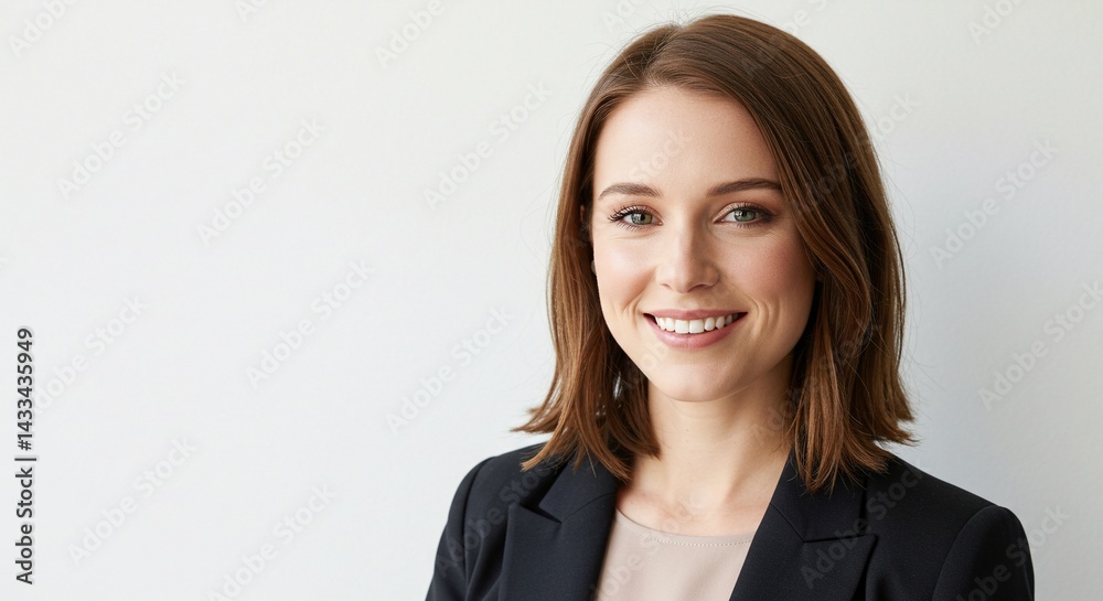 Portrait of a smiling woman with shoulder length brown hair wearing a black blazer on a white background Portrait of a smiling woman with shoulder length brown hair wearing a black blazer on a white background
