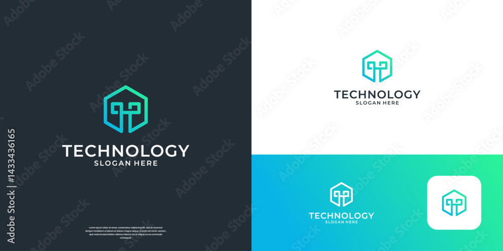 Fototapeta premium Geometric letter T logo design. Abstract hexagon shape with technology symbol. Usable for business and company.