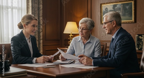 Woman presenting documents to senior couple at desk in office with painting and lamp visible