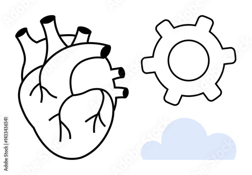 Anatomical heart combined with a cogwheel and cloud. Ideal for health, technology, innovation, biotech, emotions, cloud computing, and teamwork. Bold flat simple metaphor