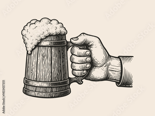 Hand holding wooden beer mug with foam, in engraving style