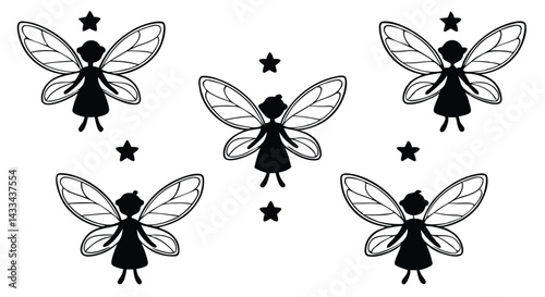 Flying Fairy Silhouettes – Black Vector Fantasy Illustration