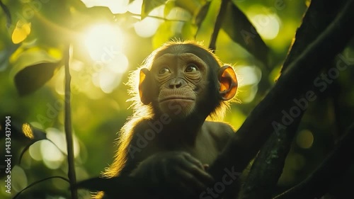 Young monkey perched on a branch in a sunlit jungle, surrounded by lush greenery