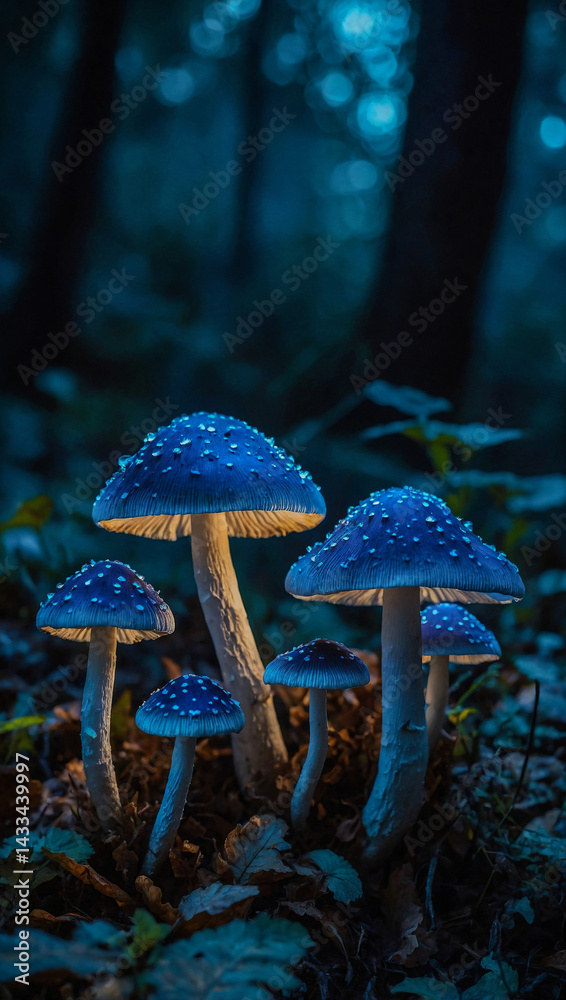 Mystical blue glowing mushrooms in a serene atmosphere.