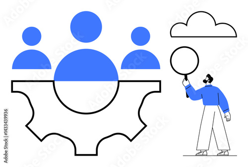 Group of three figures inside a gear, man with magnifying glass inspecting, and cloud icon. Ideal for teamwork, collaboration, solutions, management, innovation, analytics and simple landing page
