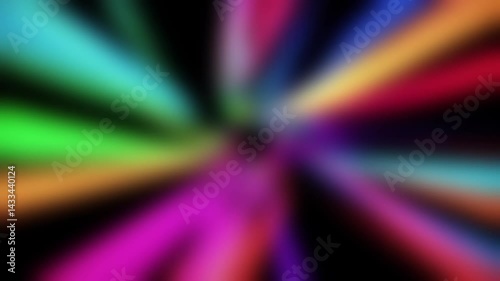 Radiating Colorful Light Beams Animation. Blurred glowing rays (green, orange, pink, blue) move outwards creating dynamic motion effect. Vibrant abstract video.