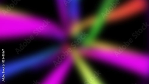 Curving Colorful Light Streaks Animation. Glowing rainbow lines twist and flow dynamically on black background. Vibrant abstract motion graphics video design.