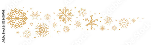 Sparkles stars, snowflakes border. Christmas banner. Gold snowflakes wave dot particles isolated on transparent background. Seamless pattern for New Year invitation, gritting card. Vector illustration