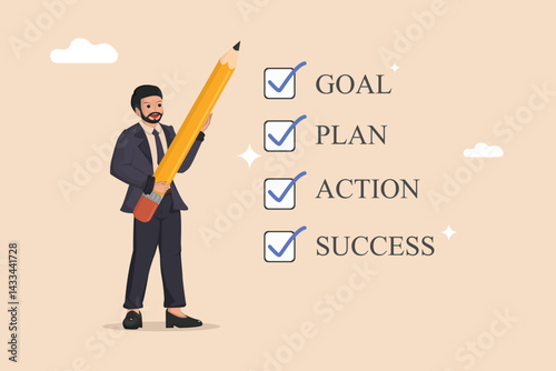 Illustration of a businessman thoughtfully arranging foundational blocks representing key business stages leading towards a capstone of Achievement.