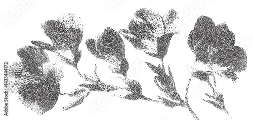 Detailed stipple halftone print of a delicate flower arrangement showcasing artistic texture and intricate design