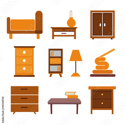 Set of wooden furniture icons