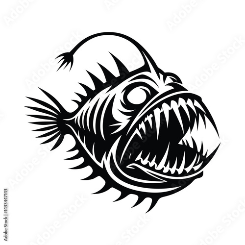 Anglerfish Silhouette with Sharp Teeth, Luminous Lure Sea Predator Black and White