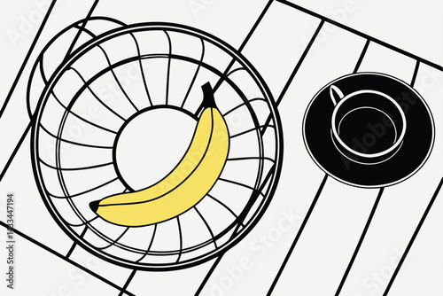 60 circular wire basket, ripe yellow banana, black round plate, minimalist composition, overhead view, stark contrast, clean lines, geometric shapes, studio lighting, high resolution, food photography