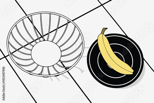 60 circular wire basket, ripe yellow banana, black round plate, minimalist composition, overhead view, stark contrast, clean lines, geometric shapes, studio lighting, high resolution, food photography