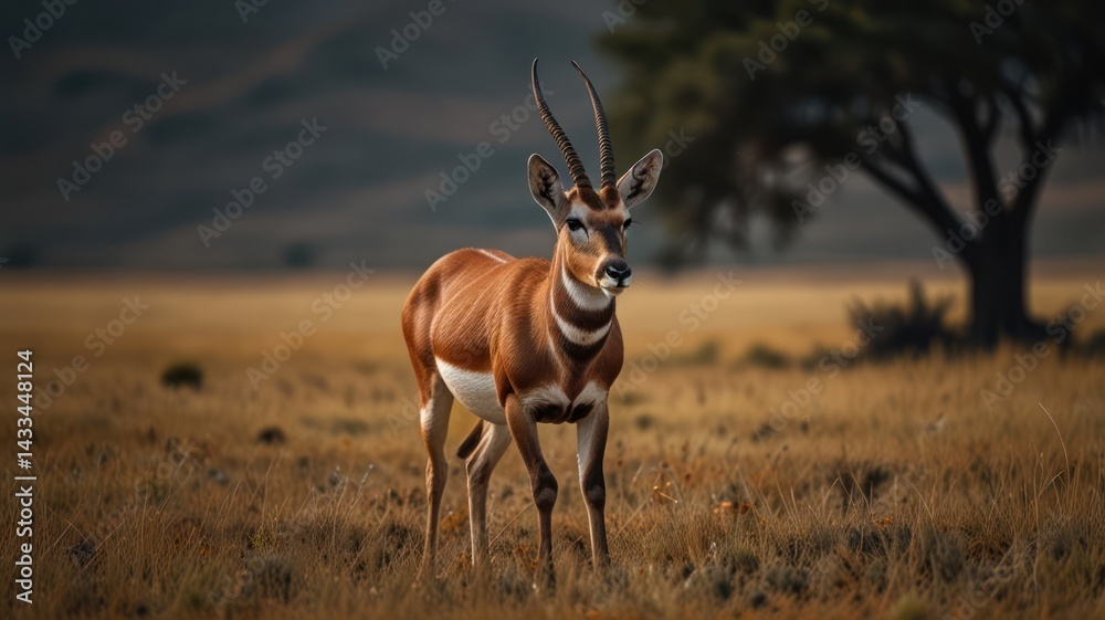 Fototapeta premium Sable antelope grazing savanna sunset Africa wildlife