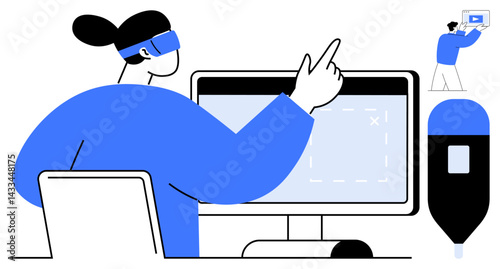 Woman with VR headset interacts with a monitor and stylus in a design environment. Smaller figure demonstrates augmented interactions. Ideal for technology, innovation, design, creativity, education