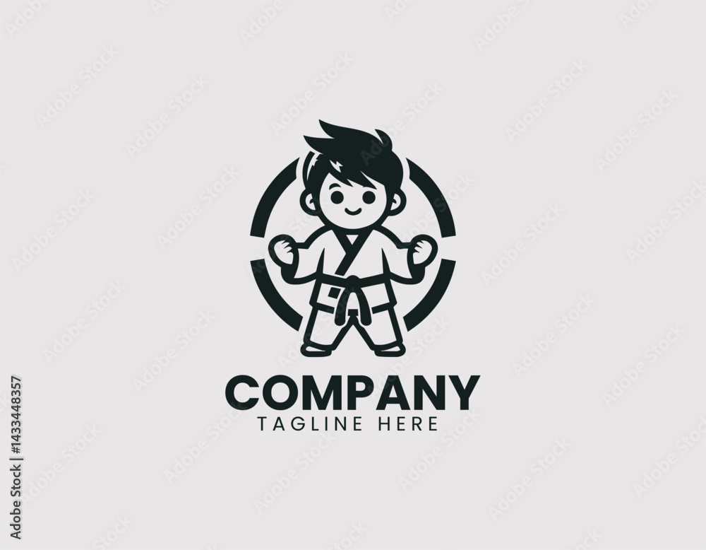 Funny Cartoon Kids Karate Outfit Ready to Train Vector Logo Design Funny Cartoon Kids Karate Outfit Ready to Train Vector Logo Design