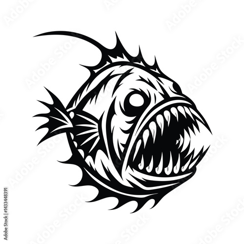 Anglerfish Silhouette with Sharp Teeth and Spikes in Monochrome Black and White Design