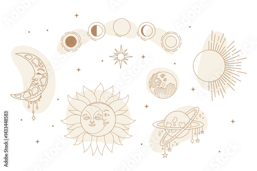 Stars, plants and sun seamless pattern vector white