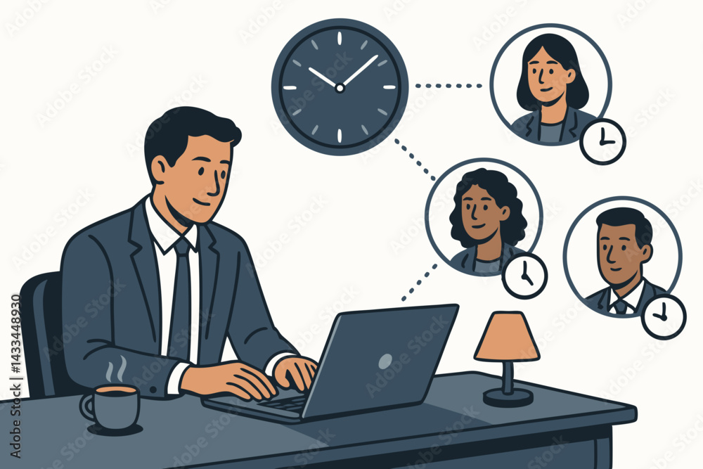 Digital Remote Work Vector Illustration with Business Professional Conducting Virtual International Meeting Through Laptop with Diverse Team Members and Time Zone Concept for Global Collaboration Digital Remote Work Vector Illustration with Business Professional Conducting Virtual International Meeting Through Laptop with Diverse Team Members and Time Zone Concept for Global Collaboration
