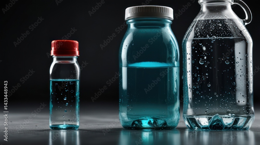 Teal liquid in various bottles on dark surface Teal liquid in various bottles on dark surface