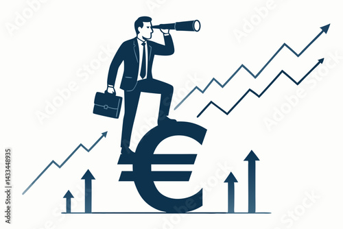 Business Vision Concept: Professional Businessman with Telescope Standing on Euro Symbol Overlooking Rising Financial Charts and Growth Arrows, European Economy Investment Forecast Vector Illustration