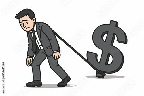Financial Burden Vector Illustration: Businessman Struggling to Drag Heavy Dollar Symbol, Corporate Debt Concept, Economic Stress Metaphor, Business Crisis Cartoon for Financial Publications