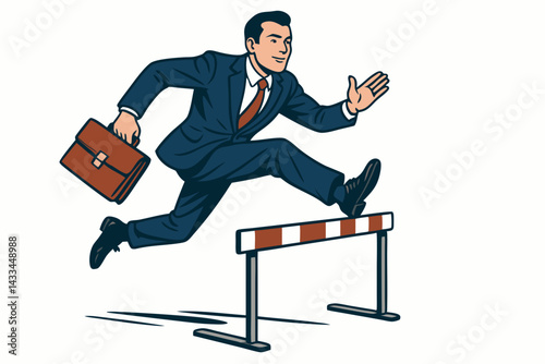 Dynamic Businessman Jumping Over Hurdle with Briefcase in Hand, Confident Professional Overcoming Business Challenge, Career Advancement Vector Illustration in Retro Style