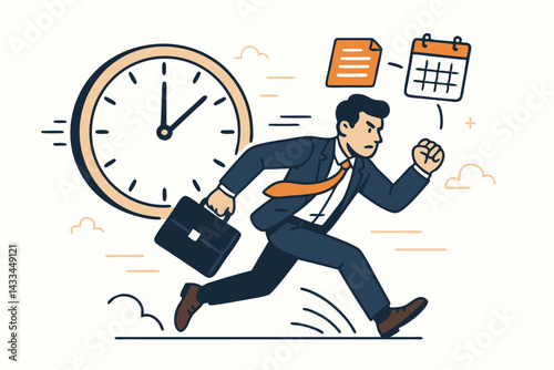 Businessman Running Against Time Vector Illustration, Office Worker Rushing with Briefcase, Corporate Deadline Stress Concept, Time Management Crisis, Business Pressure Cartoon Character Design