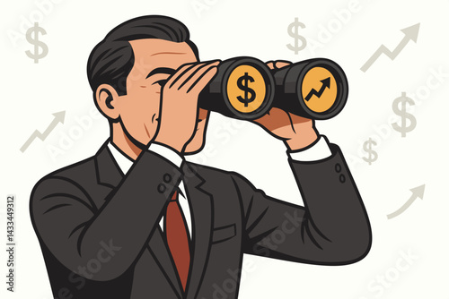 Businessman Looking Through Financial Binoculars with Dollar and Growth Symbols, Investment Opportunity Concept, Business Vision Vector Illustration for Market Analysis and Profit Forecasting
