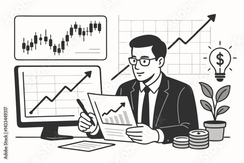 Financial Analyst Working with Stock Market Data Vector Illustration, Business Investment Charts, Professional Trader Analyzing Growth Trends, Financial Success Concept with Money Growth