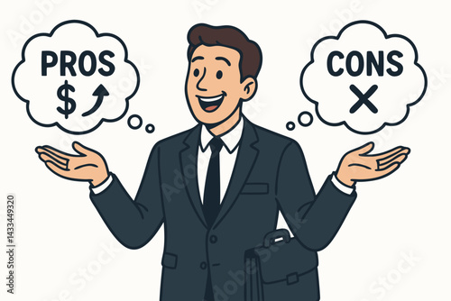 Business Decision Making Concept with Businessman Weighing Pros and Cons, Financial Growth Analysis Illustration for Corporate Strategy, Career Choice, Investment Opportunity Evaluation Vector