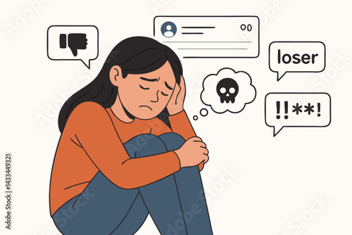 Cyberbullying Vector Illustration: Young Woman Experiencing Social Media Harassment with Negative Comments, Thumbs Down and Insulting Messages, Online Hate Speech Concept in Minimal Style