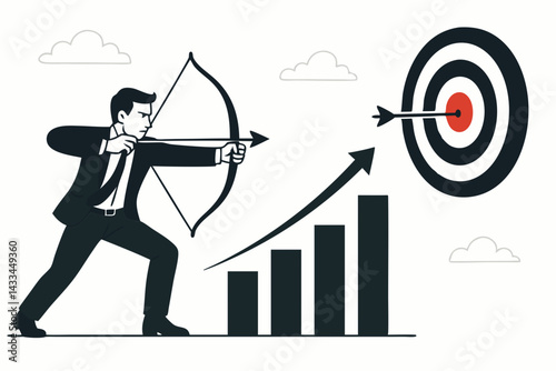 Dynamic Vector Illustration of Strategic Business Target with Arrow Hitting Bullseye, Symbolizing Success, Focus, Planning, and Achievement in Modern Corporate Marketing Concept