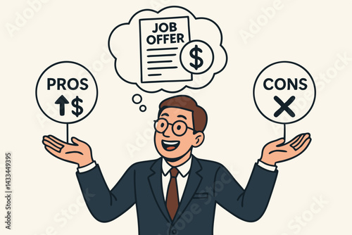 Professional Businessman Weighing Job Offer Pros and Cons, Career Decision Making Concept, Employment Opportunity Analysis, Salary Consideration Illustration, Corporate Recruitment Evaluation
