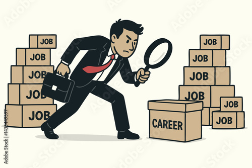 Career Path Discovery Vector Illustration: Business Professional with Magnifying Glass Searching for Meaningful Career Among Job Opportunities, Employment Hunt Concept for Recruitment and Job Seekers