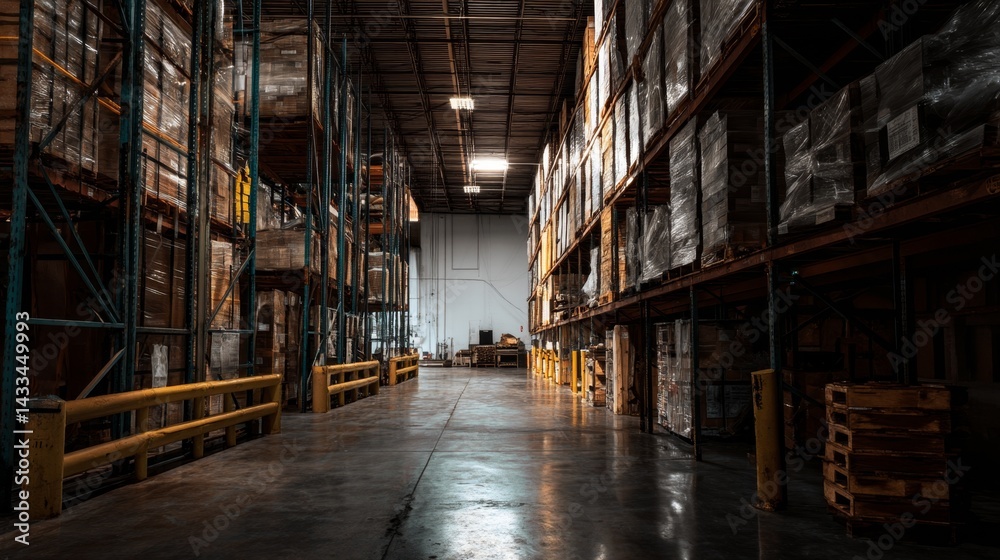 Fototapeta premium Vast Industrial Warehouse Interior - Stacked Pallets and Forklift in Dimly Lit Storage Facility, Business Logistics and Supply Chain.