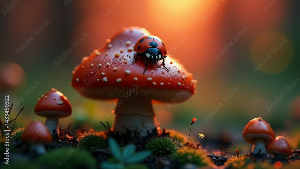 Obraz premium Ladybug On Fly Agaric Mushroom, Forest