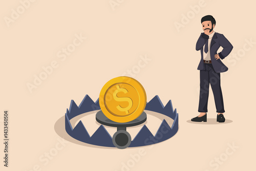 Financial Trap a businessman contemplating a coin in a trap, symbolizing investment risks and financial pitfalls.