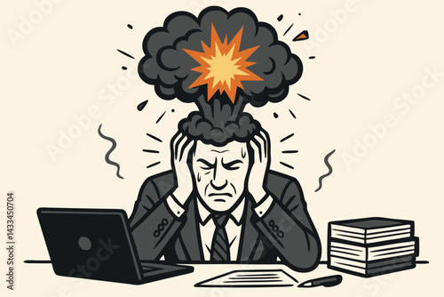 Stressed Businessman with Exploding Head Metaphor Vector Illustration, Office Worker Mental Breakdown, Work Pressure and Burnout Concept, Corporate Stress Overload at Desk with Laptop