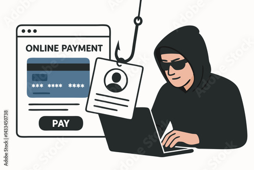 Hacker Stealing Personal Data Through Online Payment Fraud, Phishing Scam, and Identity Theft Concept with Hooded Cybercriminal at Laptop Illustration