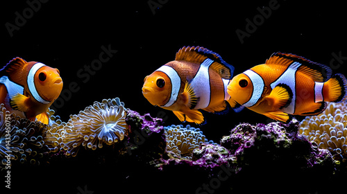 Three Clownfish Near Coral In Aquarium
