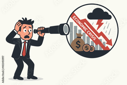 Financial Crisis Forecast Vector Illustration: Panicked Businessman Looking Through Telescope at Economic Storm with Declining Graph, Money Bag and Dollar Coins Under Thundercloud with Lightning