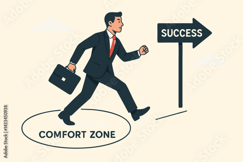 Business Success Motivation Vector Illustration, Professional Stepping Out of Comfort Zone Towards Achievement, Career Growth Direction Sign, Corporate Ambition and Goal Pursuit Concept Graphic