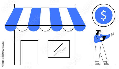 Small storefront with striped awning, large window, and door. Entrepreneur holding a tablet points towards a dollar sign. Ideal for retail, entrepreneurship, business growth, finance, startup